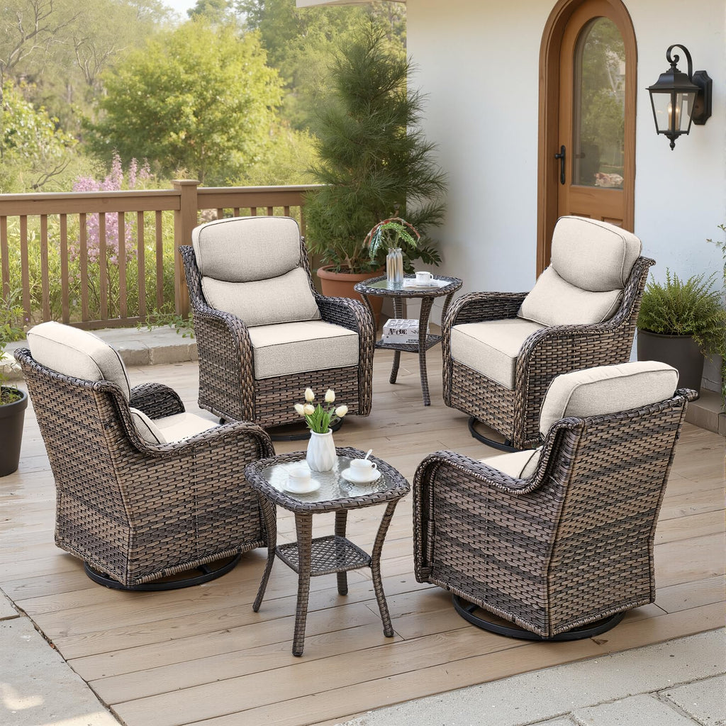 Luxury 6" Thick Cushioned Outdoor Swivel Rocker Patio Chairs Set of 4 with Side Table, High Back Wicker Furniture Set with Ergonomic Zone Back, Conversation Set for Deck Porch - Grey+Beige