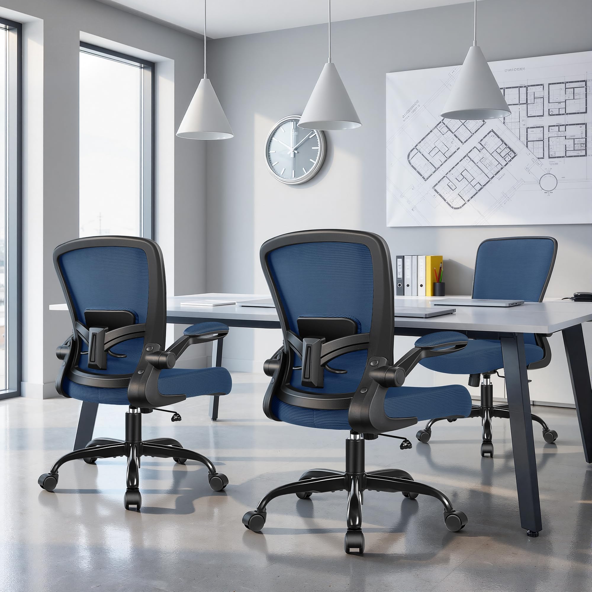 Office Chair, Ergonomic Desk Chair Breathable Mesh Chairs Adjustable High Back Lumbar Support Flip-up Armrests, Executive Rolling Swivel Comfy Computer Chairs Home Office Navy