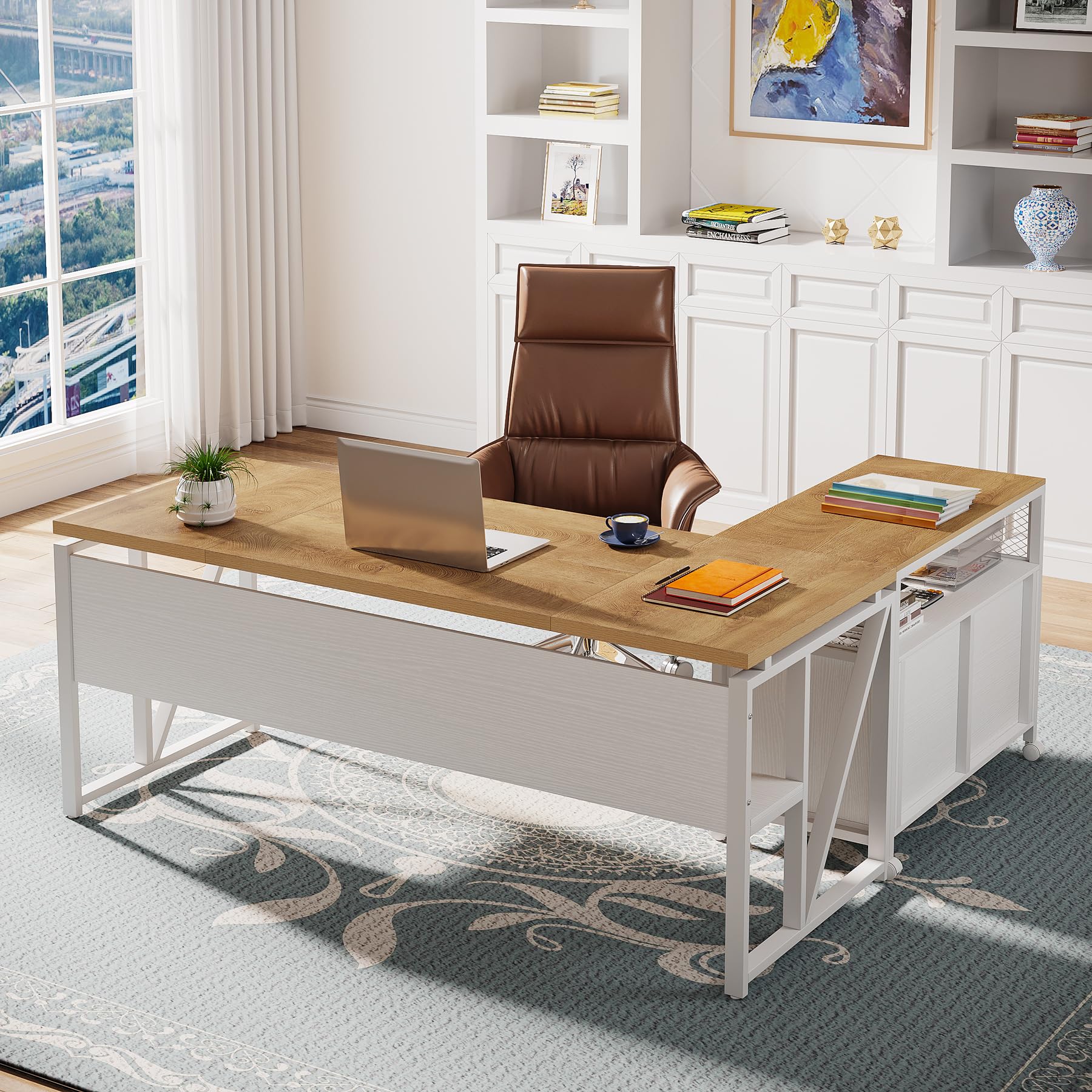 L Shaped Desk with Drawer Cabinet, 63