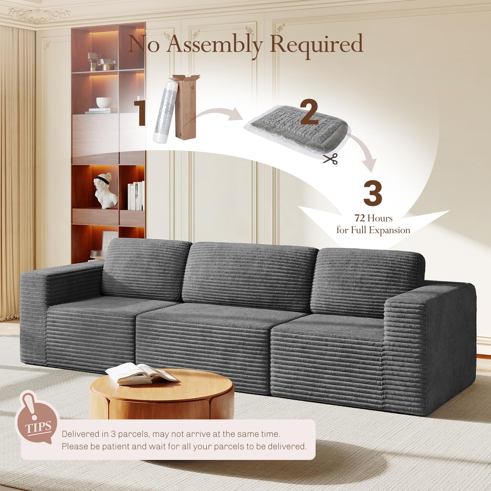 119" Modular Sectional Sofa, Corduroy Cloud Couch with Deep Seating & Spring Support, 3 Seater Flexible Layout Sofa, Boneless Couch for Living Room & Apartment, No Assembly Required, Grey
