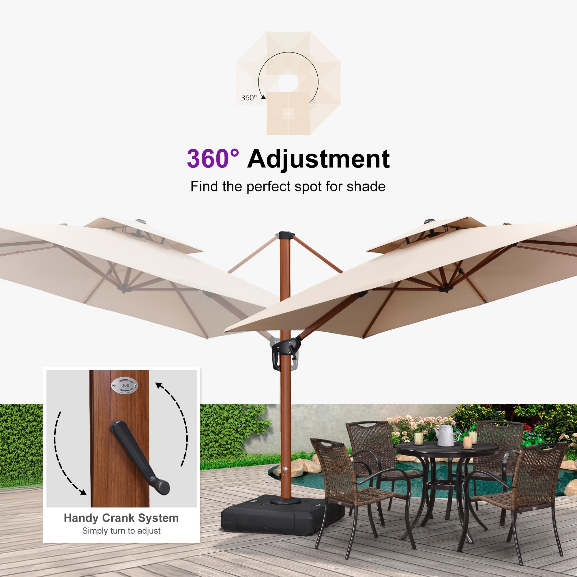 10' X 13' Double Top Deluxe Wood Pattern Rectangle Patio Umbrella Offset Hanging Umbrella Outdoor Market Umbrella Garden Umbrella, Beige