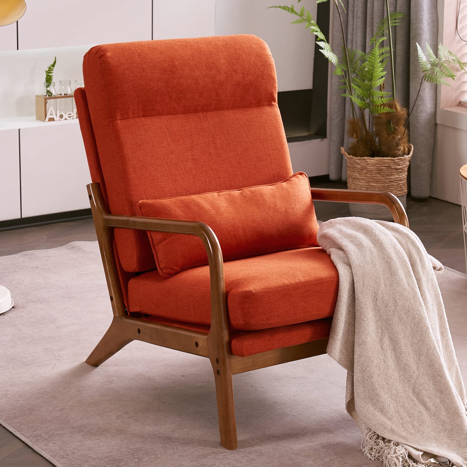 High Back Burnt Orange Accent Chairs Set of 2, Upholstered Mid Century Modern Lounge Chairs Reading Chairs Side Sitting Chair Solid Wood Farmhouse Armchairs for Living Room, Bedroom, Guest Room
