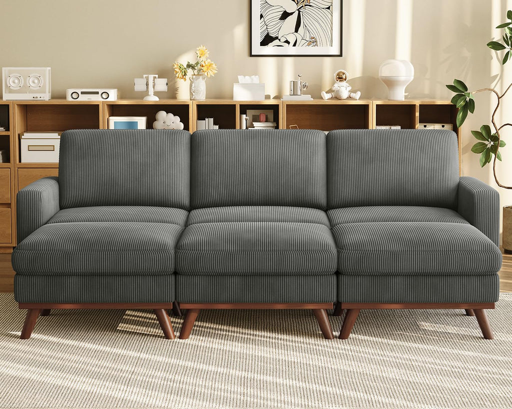 97" Modular Sectional Sofa Drak Gray, Sectional Couch with Movable Ottoman, Comfy Corduroy Couch with Spring Cushion, Modular Sofa with Deep Seat for Living Room, Bedroom and Apartment