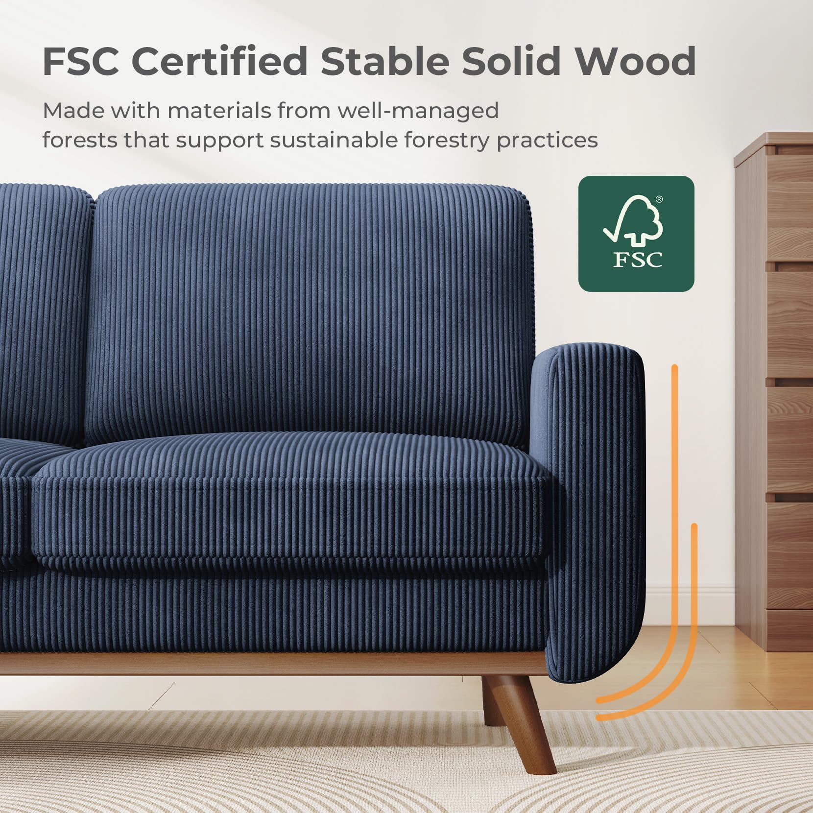 68" Loveseat Sofa Dark Blue, Comfy Corduroy Couch with Spring Cushion and Solid Wood, Modern Extra Deep Seat for Bedroom, Living Room, Office