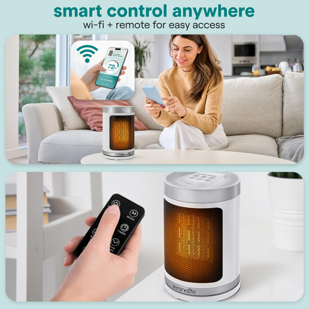 Smart Space Heater – 1500W Indoor Electric Heater with Thermostat, Remote Control, 12-Hour Timer, Wi-Fi Enabled PTC Ceramic Heating for Home and Office, White (5.9" x 5.9" x 9.5")