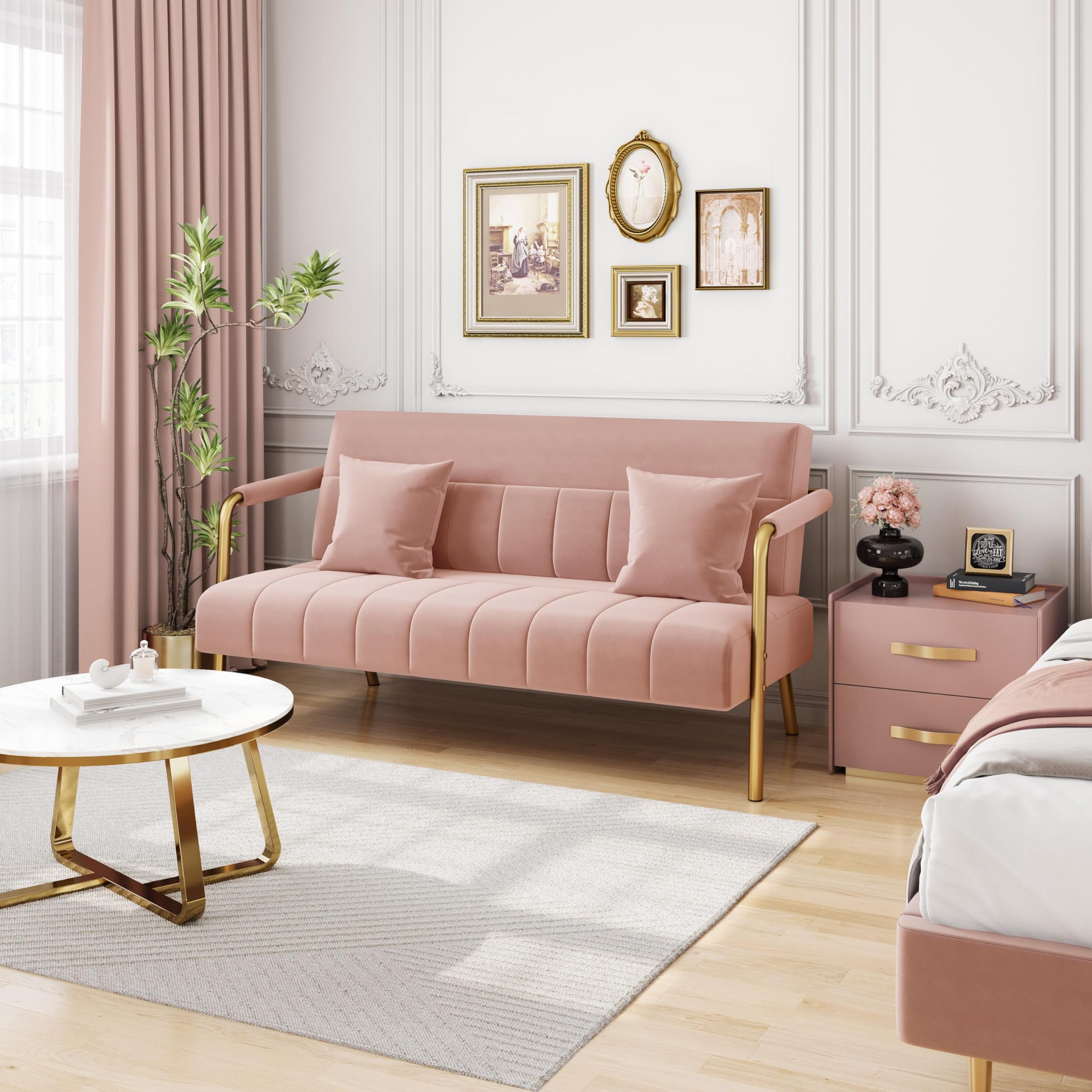 56.5" W Modern Sofa Small Sofa Luxurious Velvet Fabric Couch with Gold-Tone Metal Arms and Legs for Living Room, Home Office, Studio Pink