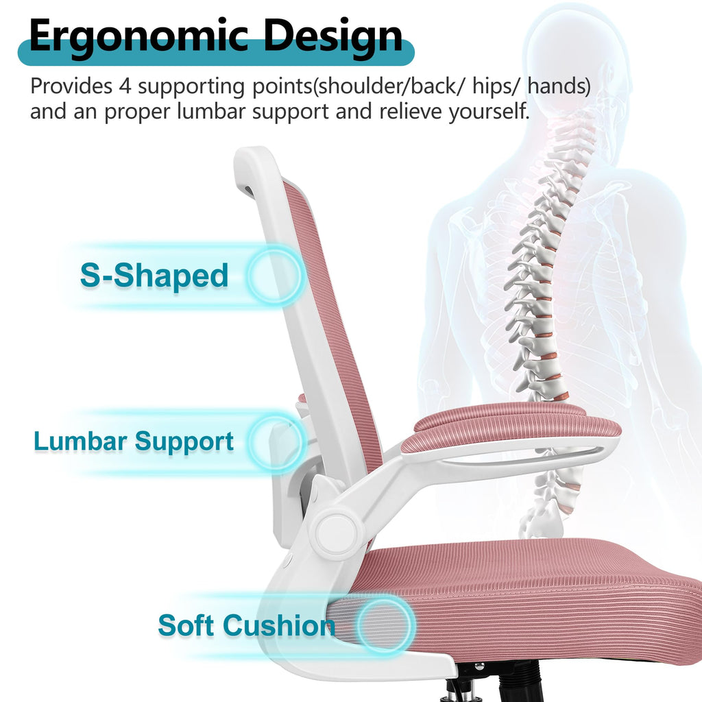 Office Chair, Ergonomic Desk Chair Breathable Mesh Chairs Adjustable High Back Lumbar Support Flip-up Armrests, Executive Rolling Swivel Comfy Computer Chairs Home Office Rose Quartz