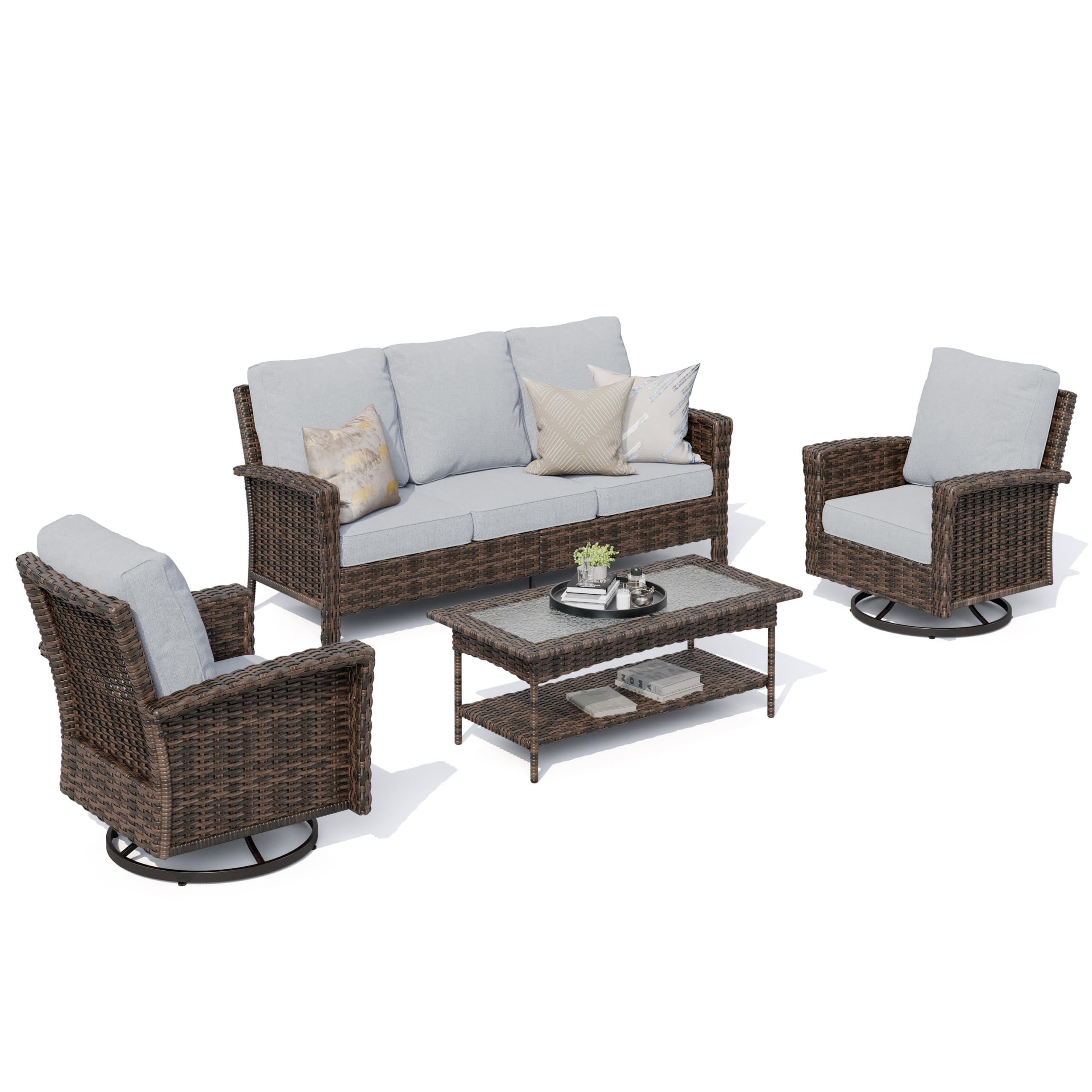 Gray Patio Furniture Set with High Back Swivel Chairs, Comfy Outdoor Wicker Conversation Sofa Sets with 5.5