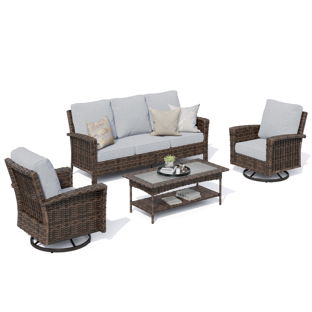 Gray Patio Furniture Set with High Back Swivel Chairs, Comfy Outdoor Wicker Conversation Sofa Sets with 5.5" Waterproof Cushions for Deck Lawn Backyard