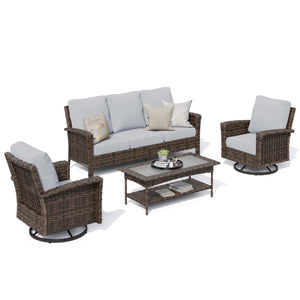 Gray Patio Furniture Set with High Back Swivel Chairs, Comfy Outdoor Wicker Conversation Sofa Sets with 5.5