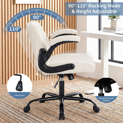 Criss Cross Home Office Chair with Wheels, Wide Cross Legged Desk Vanity Chair Comfy Fabric Flip-Up Armrests Adjustable Swivel Chairs for Home Computer Bedroom, Beige