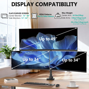 Triple Monitor Mount - Extra Tall 3 Monitor Desk Mount for 13-49 Inch Ultrawide Screens, Up to 44 lbs, Fully Adjustable Heavy Duty Monitor Arm, VESA 75/100 mm (GSDM003-P), Black