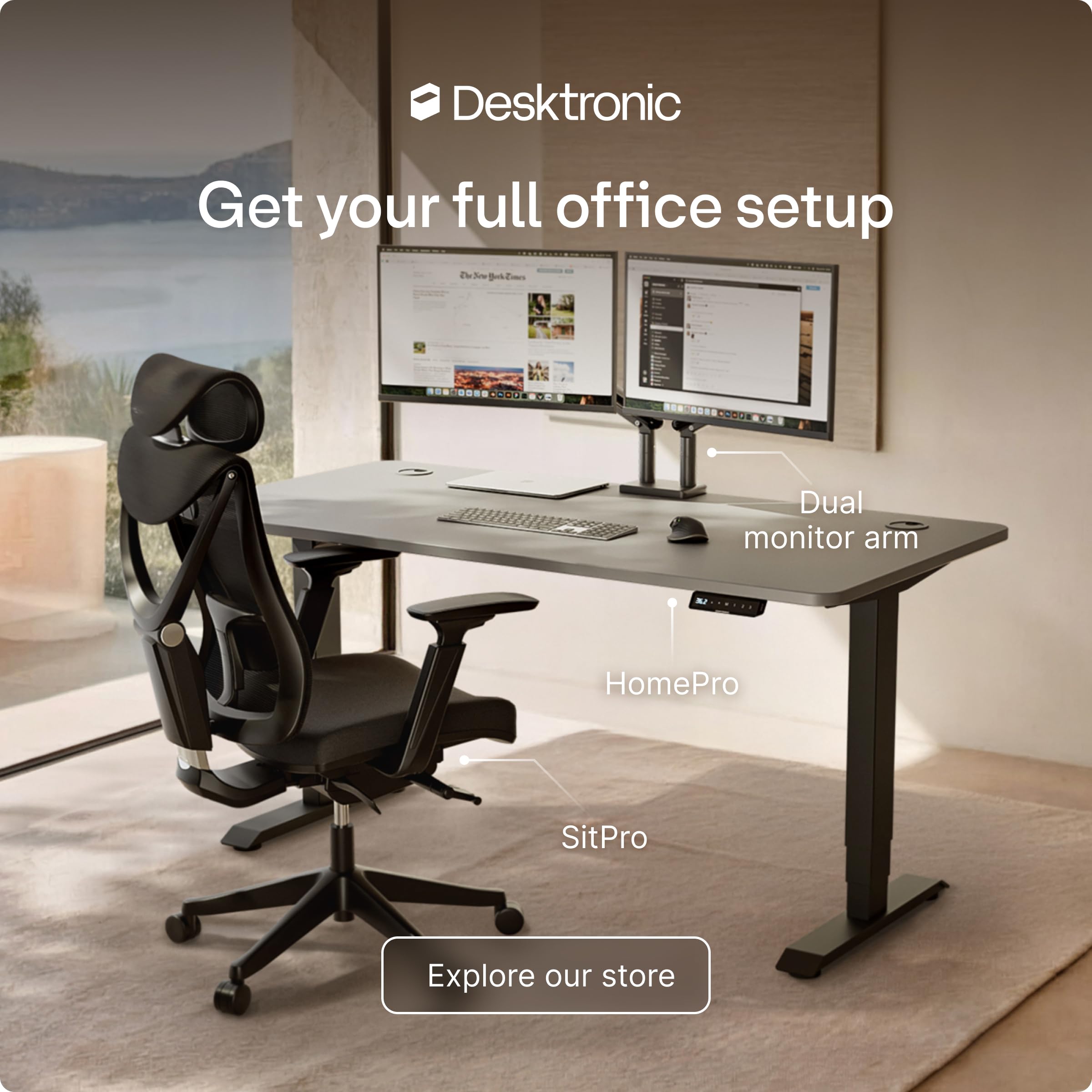 HomePro Standing Desk 54x28 — Made in Europe, Ergonomic Sit Stand Home Office Desk, Electric Height Adjustable, Dual Motor, USB & USB-C Charging, Wobble-Free, Touchscreen, 3 Memory Presets