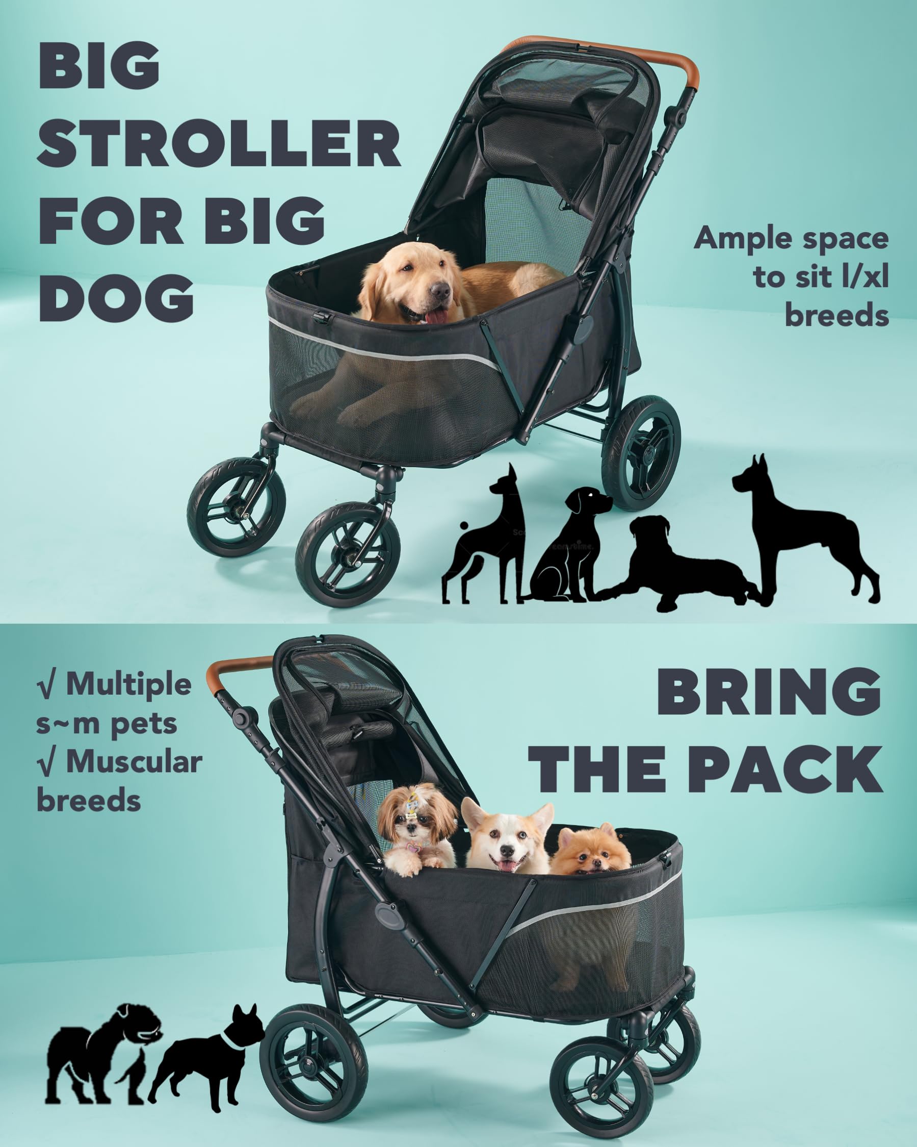 Pet Stroller for Large Dogs up to 110lbs, Large Pet Stroller for Multiple Pets, All-Terrain with Adjustable Handle & Mesh Dual-Window, 1680D Waterproof Oxford Fiber