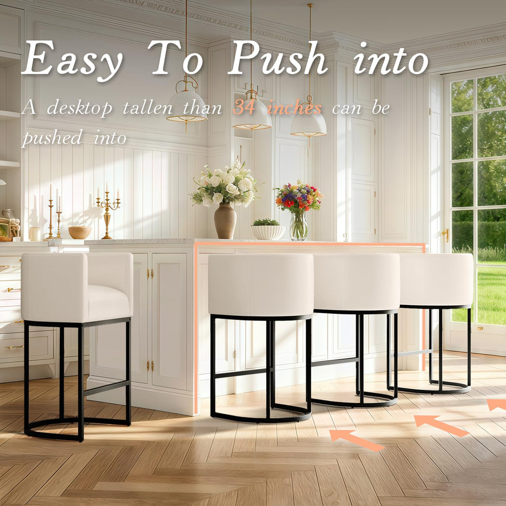 24" Modern Counter Height Bar Stools,PU Leather Upholstered Barrel Barstools with Backs,Island Chairs Bar Stools Set of 1,Metal Black, Beige White Leather