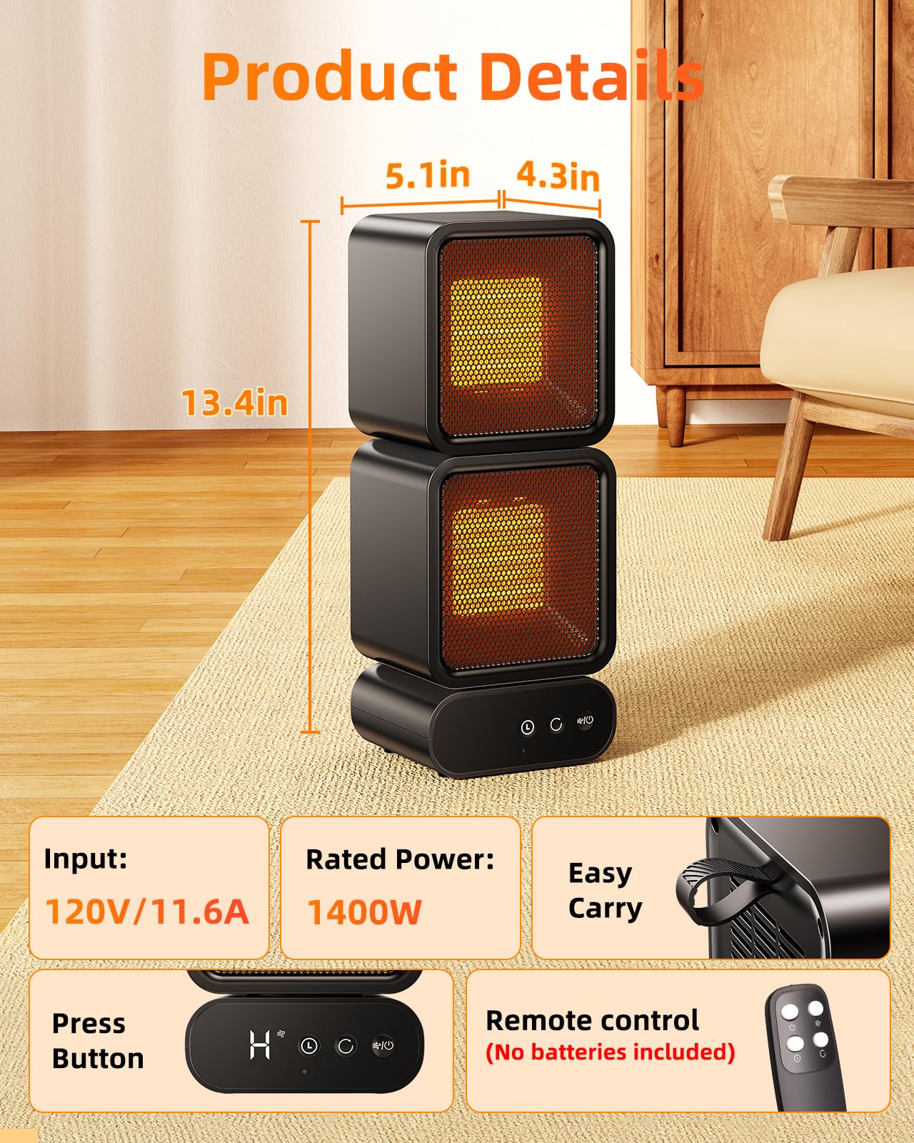 Dual-Head Space Heater,Portable Electric Heaters for Indoor Use with Thermostat and Remote,270° Oscillation,12H Timer,5 Modes,1400W PTC Ceramic Fast Safety Heat for Office Desk Home Bedroom