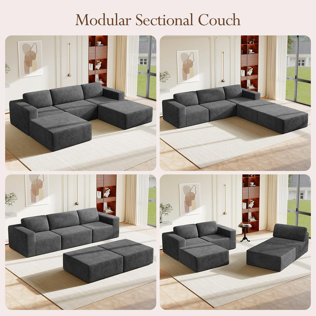 119" Oversized U-Shaped Modular Sectional Sofa, Corduroy Cloud Couch with Deep Seating & Spring Support, Convertible Sofa with 2 Ottomans, Boneless Couch, No Assembly Required, Grey