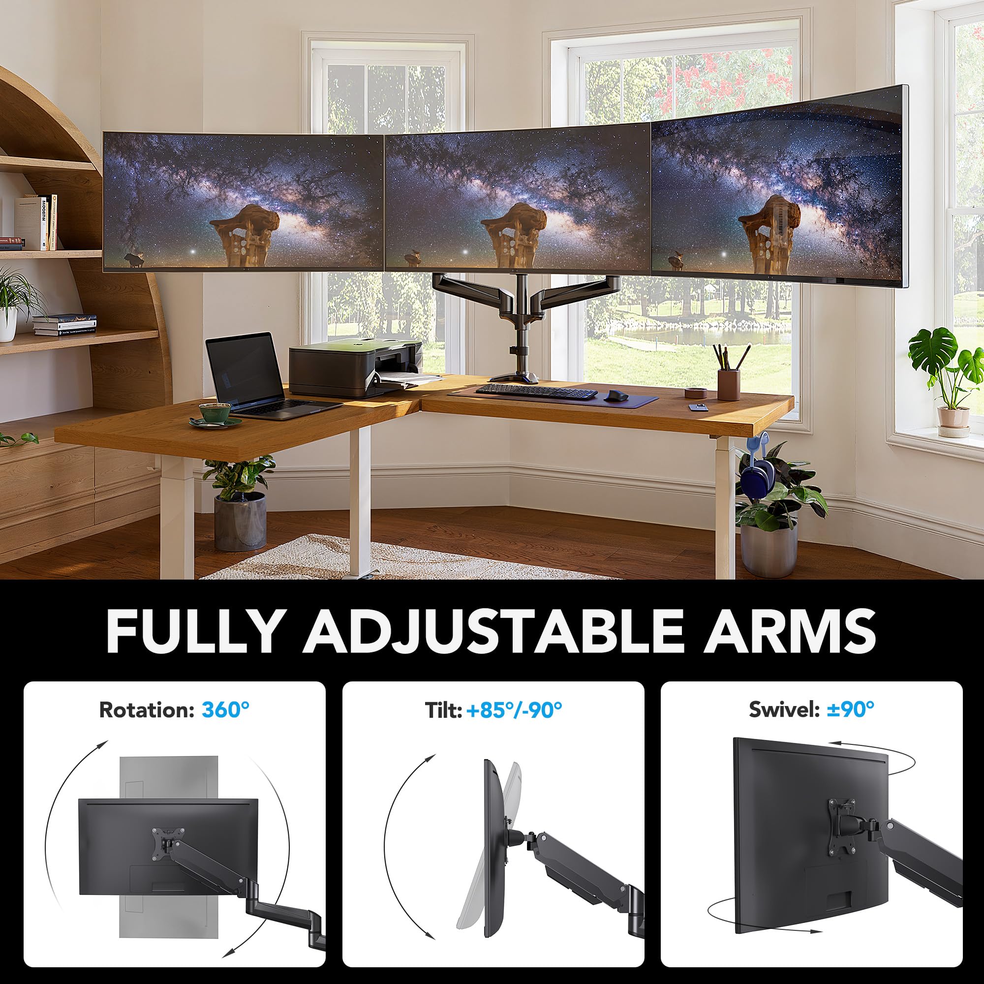 Triple Monitor Mount for 17 to 32 inch Screens, Adjustment Gaming Triple Monitor Stand with Swivel, Tilt, Rotation, Clamp & Grommet Kit