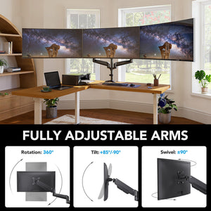 Triple Monitor Mount for 17 to 32 inch Screens, Adjustment Gaming Triple Monitor Stand with Swivel, Tilt, Rotation, Clamp & Grommet Kit