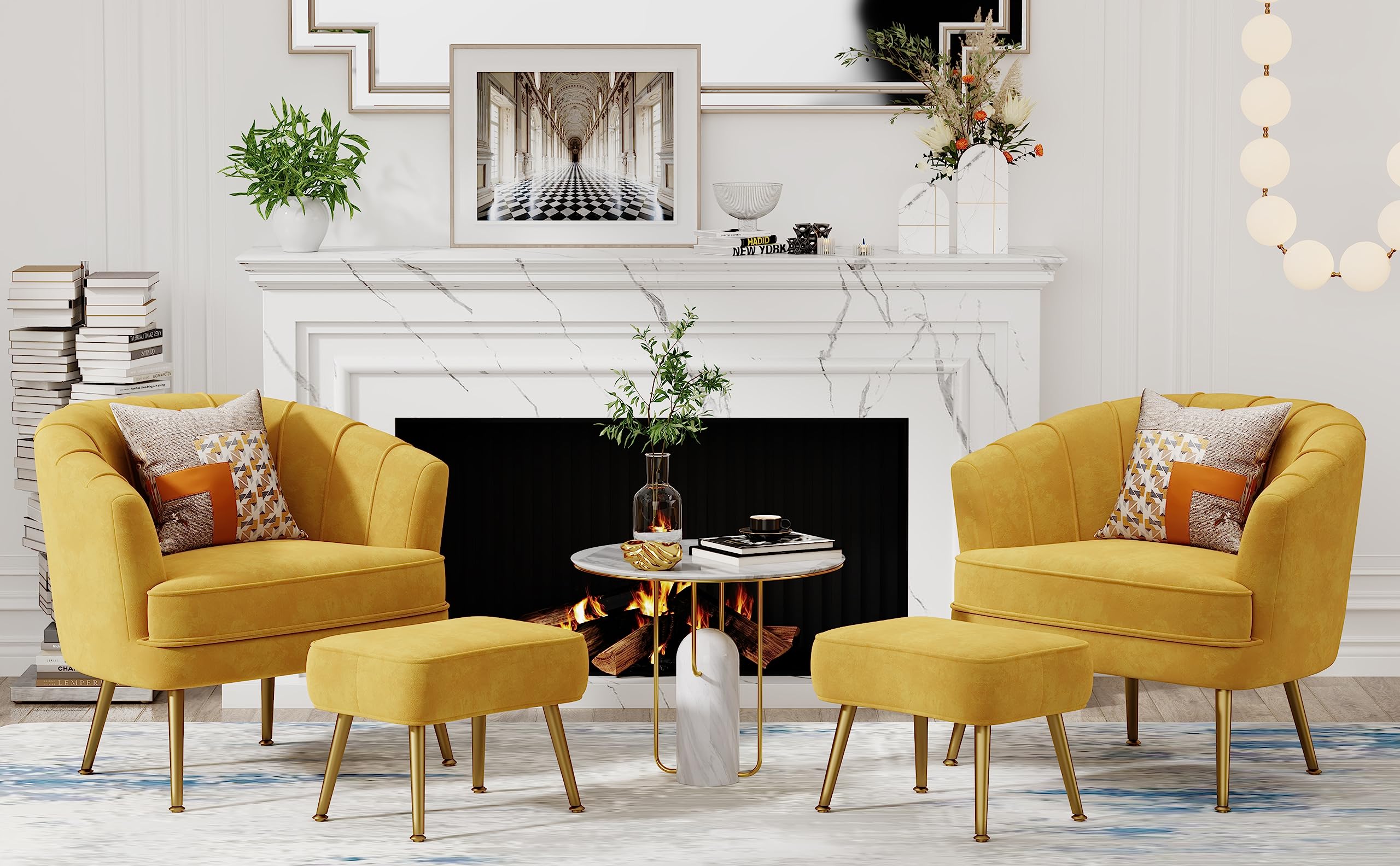 Velvet Accent Chair with Ottoman, Upholstered Modern Single Sofa Side Chair,Comfy Barrel Club Living Room Armchair with Golden Metal Legs for Bedroom Living Reading Room Office, Yellow