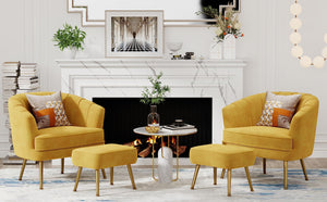 Velvet Accent Chair with Ottoman, Upholstered Modern Single Sofa Side Chair,Comfy Barrel Club Living Room Armchair with Golden Metal Legs for Bedroom Living Reading Room Office, Yellow