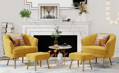 Velvet Accent Chair with Ottoman, Upholstered Modern Single Sofa Side Chair,Comfy Barrel Club Living Room Armchair with Golden Metal Legs for Bedroom Living Reading Room Office, Yellow