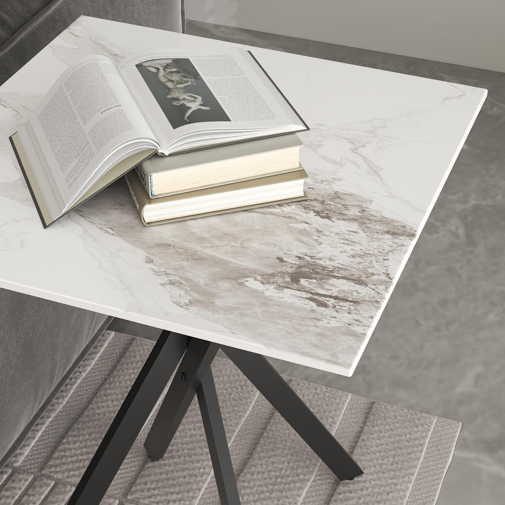 White Marble Side Coffee Table with Metal Legs, Samll Sintered Stone Square Modern End Table for Living Room Sofa Table Home Bed Office (1 Piece, 20"×20"×22")