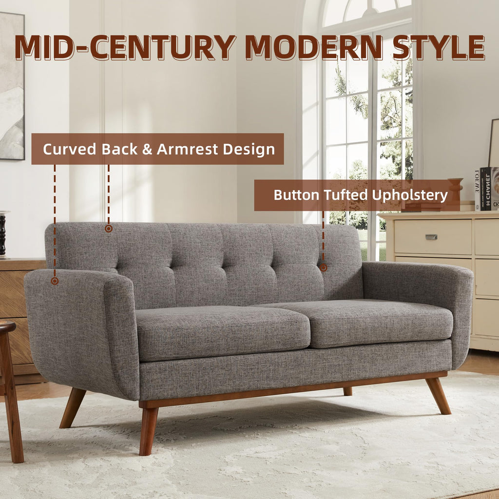 65.2" W Loveseat Sofa, Mid Century Modern Decor Love Seat Couches for Living Room, Button Tufted Upholstered Furniture, Solid & Easy to Install Small Couch for Bedroom Office Apartment, Grey