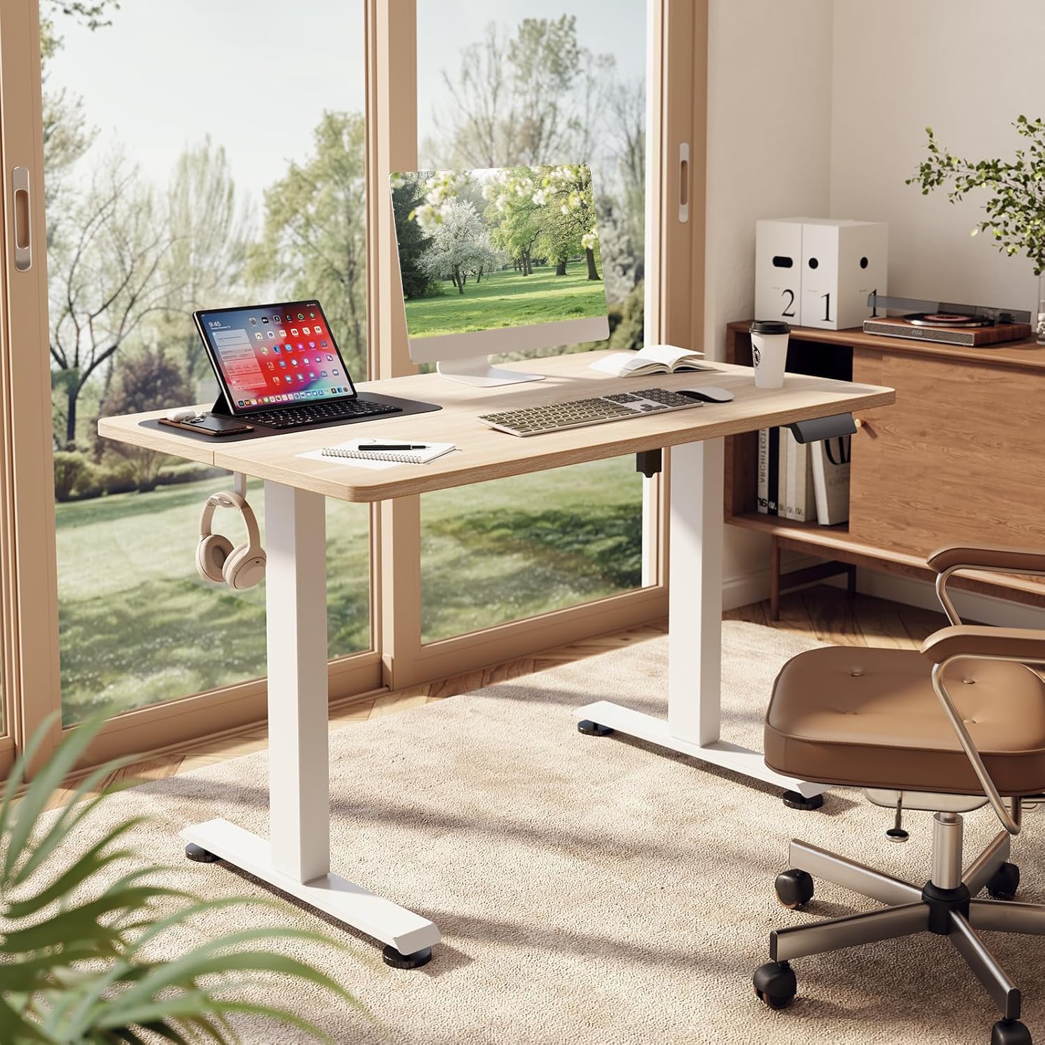 47.2 Inch Electric Standing Desk, Height Adjustable Sit Stand Up, Wood Desktop, Work Home Office Computer PC Desks, Gaming Writing Study Bedroom Rising Table, Nature