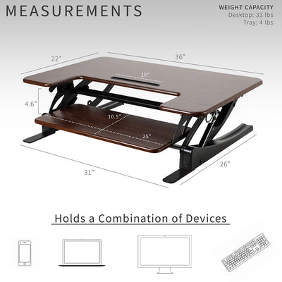 36 inch Height Adjustable Stand Up Desk Converter, V Series, Quick Sit to Stand Tabletop Dual Monitor Riser Workstation, Dark Walnut Top, Black Frame, DESK-V000VD