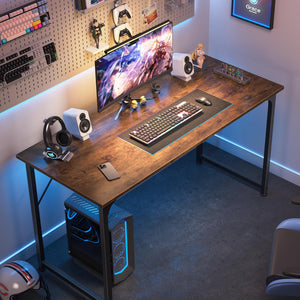 Computer Desk, 48 Inch Office Desk, Gaming Desk with Storage, Writing Desk Work Desk for Home Office, Study, Modern Simple Desk, Large Legroom, Metal Frame, Rustic Brown