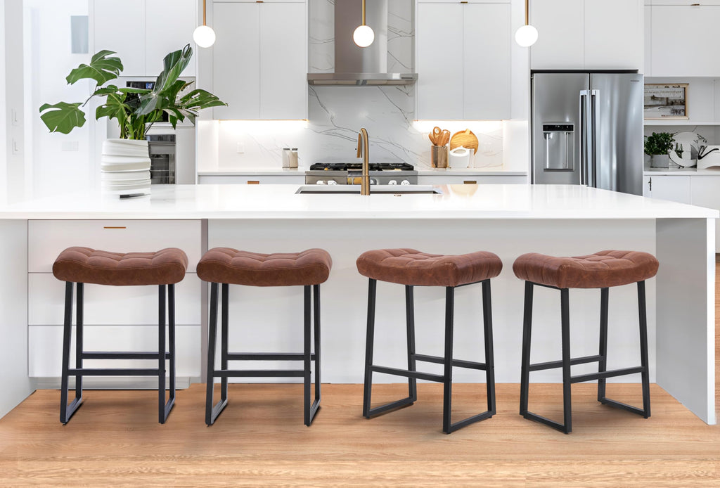 Counter Height Bar Stool for Kitchen Counter Modern Backless Barstool with Upholstered Faux Leather Seat and Metal Frame Industrial 24 inch Bar Chair, Brown