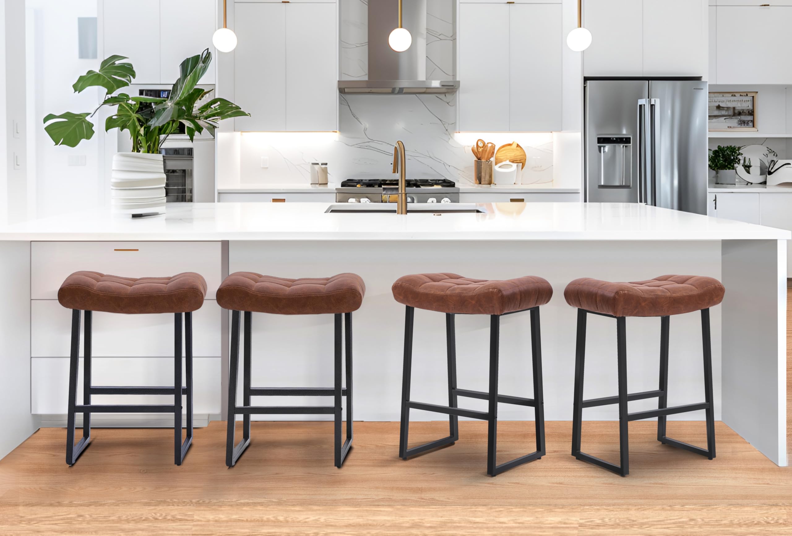 Counter Height Bar Stool for Kitchen Counter Modern Backless Barstool with Upholstered Faux Leather Seat and Metal Frame Industrial 24 inch Bar Chair, Brown