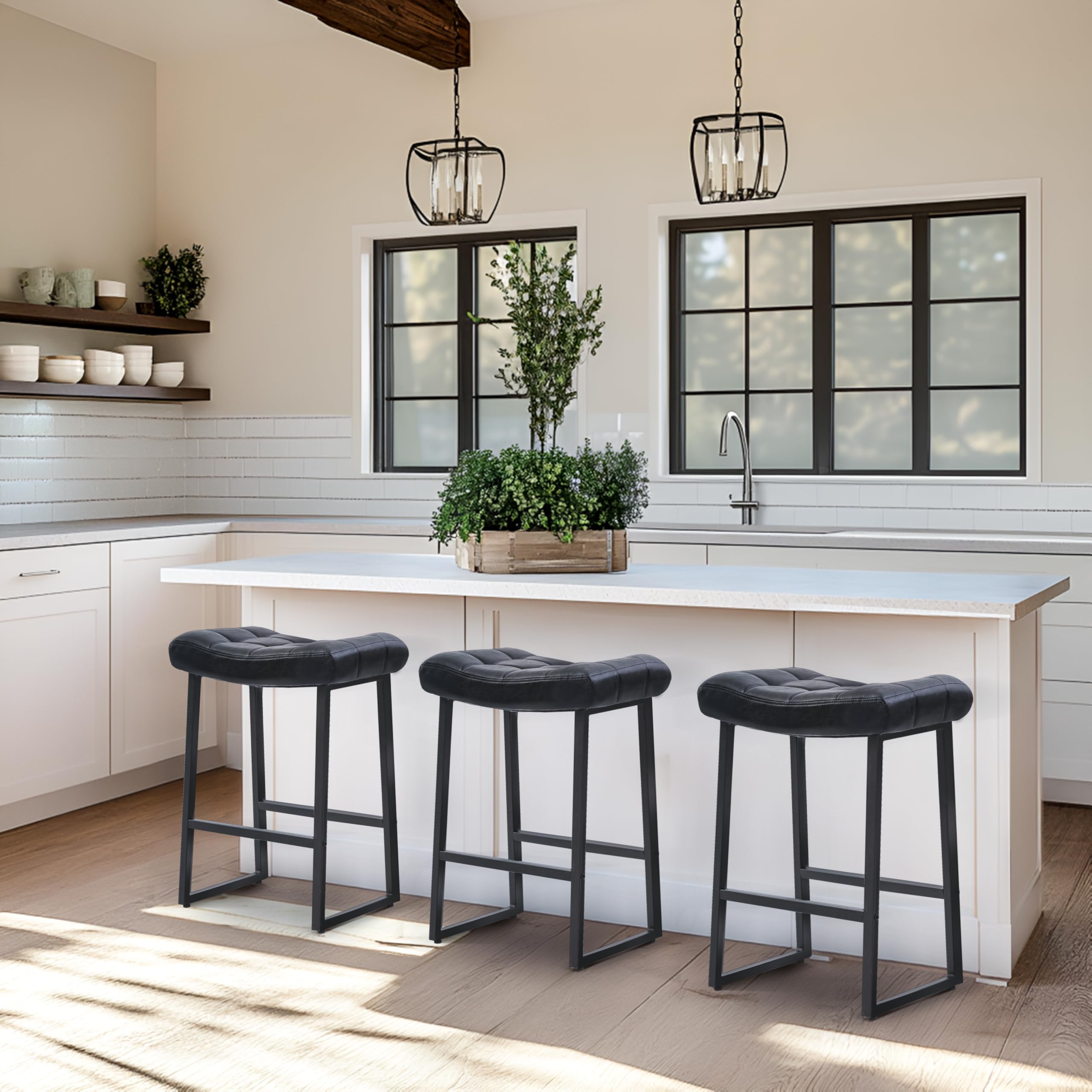 Black Bar Stools Set of 6 for Kitchen Island Counter Height Stools Modern Backless Barstools with Upholstered Faux Leather Saddle Seat and Metal Frame Industrial Bar Chairs, 24 inch