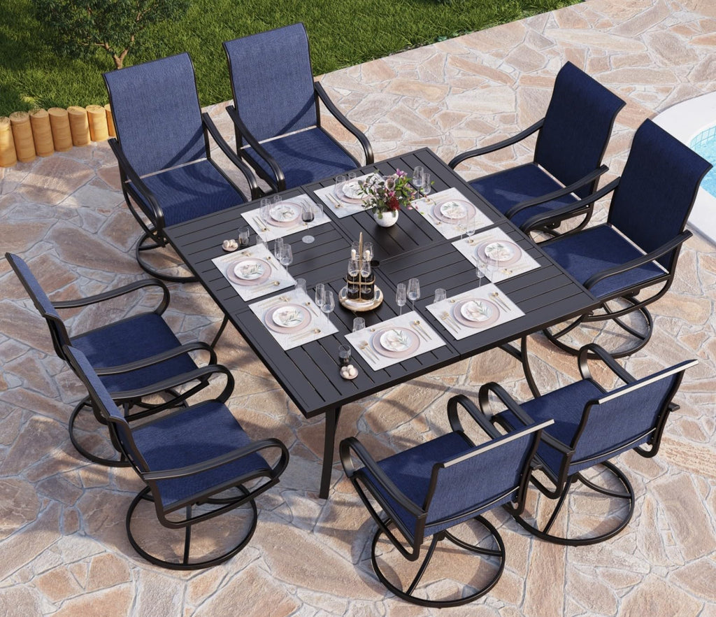 9 Piece Outdoor Patio Dining Set, Large Square Metal Dining Table and 8 Outdoor Swivel Dining Chairs, Patio Table and Blue Chair Furniture Dining Set for 8 Person
