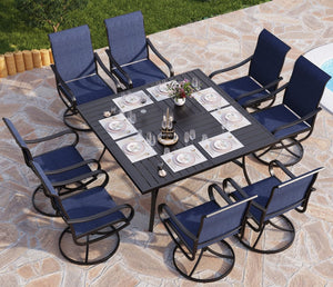 9 Piece Outdoor Patio Dining Set, Large Square Metal Dining Table and 8 Outdoor Swivel Dining Chairs, Patio Table and Blue Chair Furniture Dining Set for 8 Person
