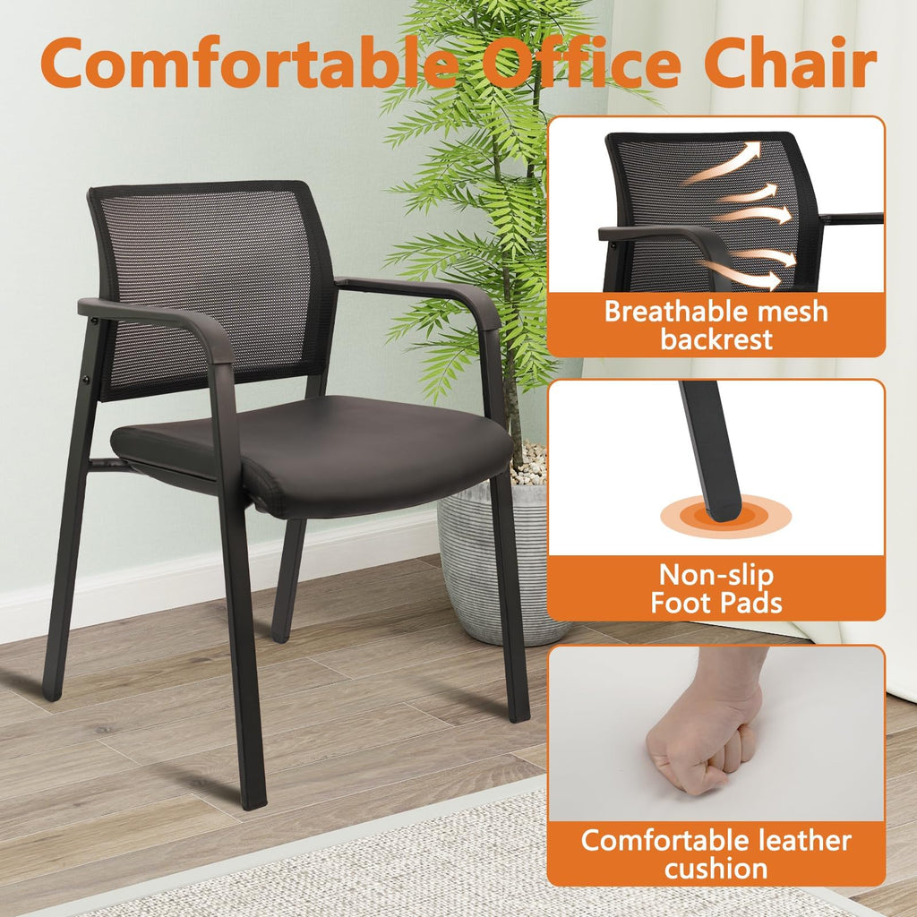 Black, Set of 4, Stackable Office Chair, Mesh Back Guest Chairs with Comfortable Leather Seat Arms Stacking Ergonomic Desk Chair No Wheels for Conference Waiting Reception School Stationary