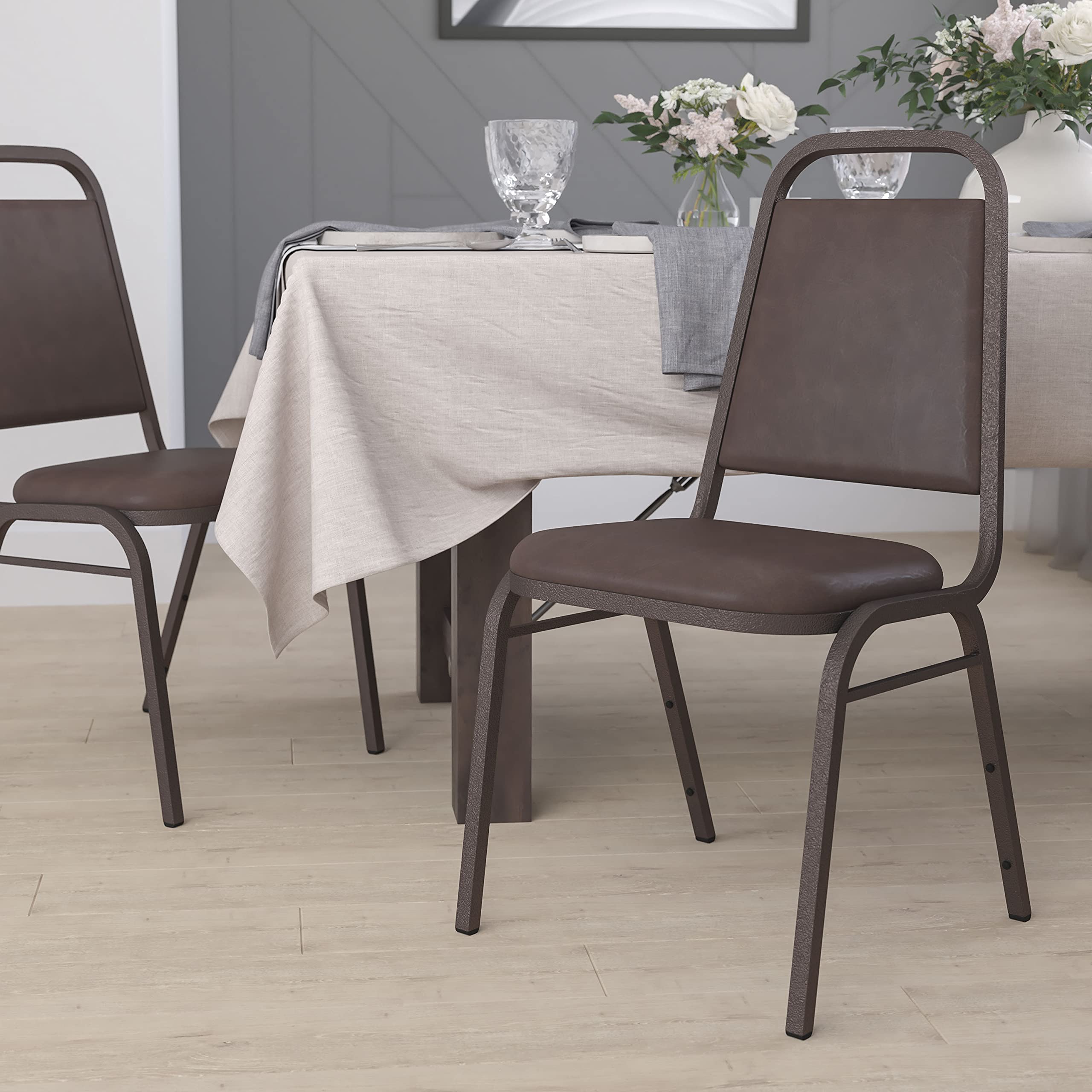 Trapezoidal Back Vinyl Stackable Banquet Chair, Multipurpose Stacking Chair with Padded Seat and Back, Brown/Copper