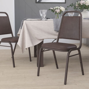 Trapezoidal Back Vinyl Stackable Banquet Chair, Multipurpose Stacking Chair with Padded Seat and Back, Brown/Copper