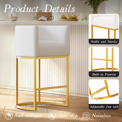 Modern Counter Height Bar Stools,Bar Stools Set of 3,Fabric Upholstered Barrel Barstools with Backs,26'' Kitchen Island Chairs,Metal Gold Frames,Off White Linen
