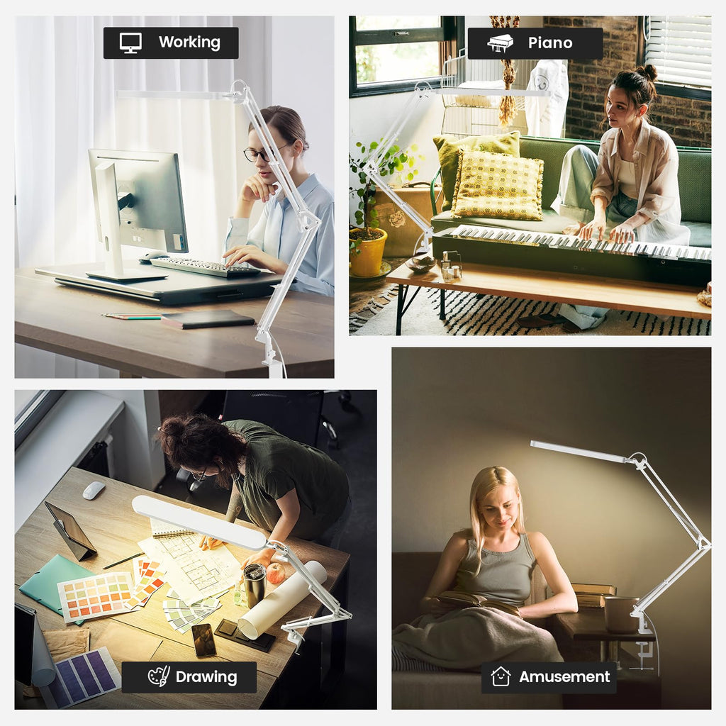 Led Desk Lamp - 31.5" Desk Light - 5 Color Modes X 11 Brightness Levels - Adjustable Swing Arm - Timmer & Memory Function - 12W Study Lamp - White