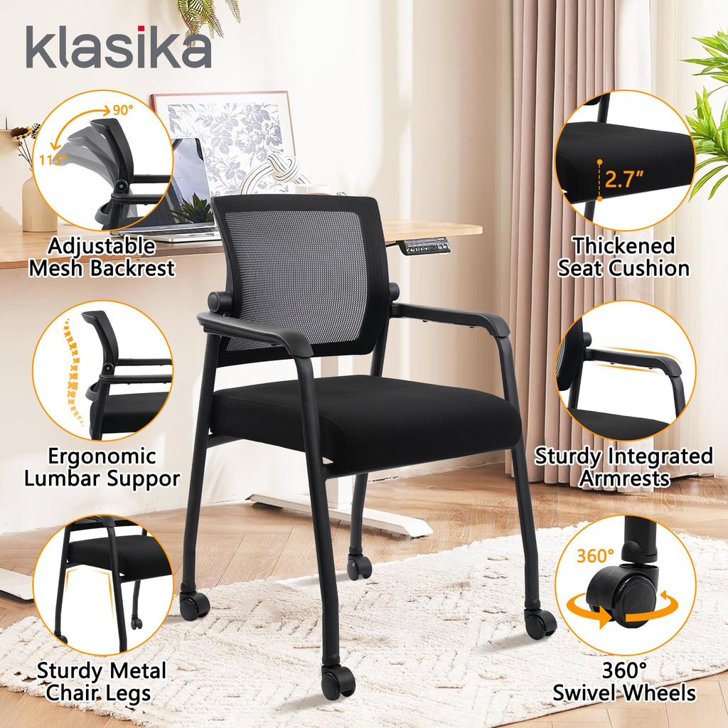 Waiting Room Chairs with Wheels, Adjustable Mesh Backrest, Desk Chair with Ergonomic Lumbar Support and Thickened Seats Cushion, 4 Pack Black