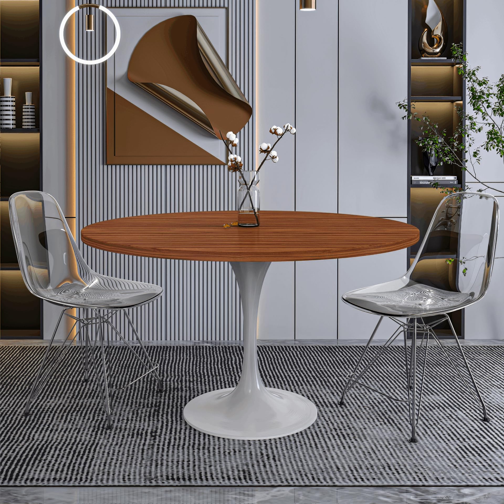 Mid-Century Modern 48 Inch Round Dining Table, MDF Wood Tabletop with White Steel Pedestal Base, Large Pedestal Kitchen & Dining Room Table, Breakfast Nook Table (Cognac Brown)