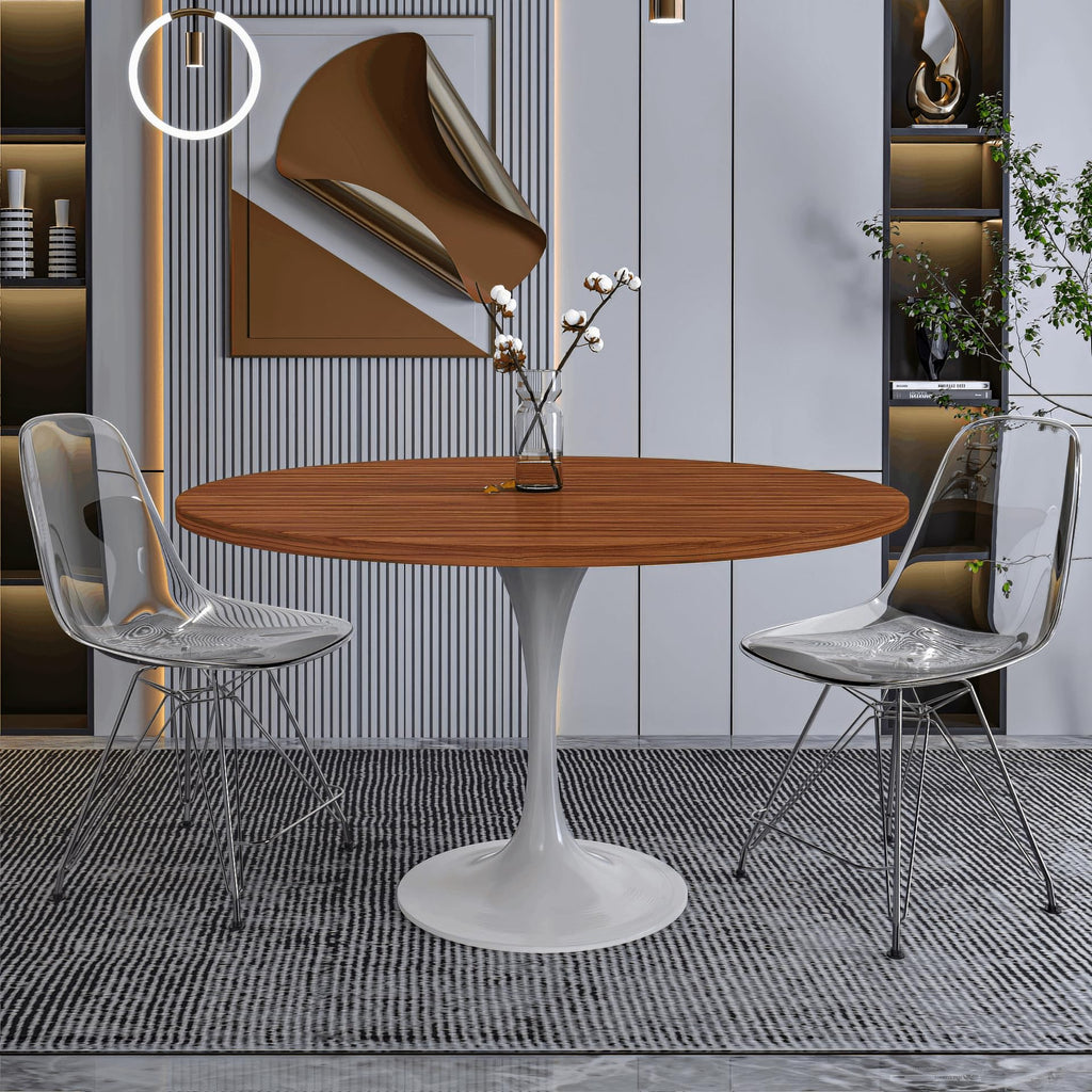 Mid-Century Modern 48 Inch Round Dining Table, MDF Wood Tabletop with White Steel Pedestal Base, Large Pedestal Kitchen & Dining Room Table, Breakfast Nook Table (Cognac Brown)