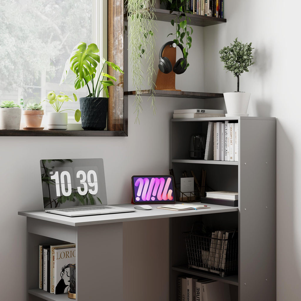 Modern Home Office Desk with 6-Tier Storage Shelves, 47" Writing Desk with Bookshelf, Gray