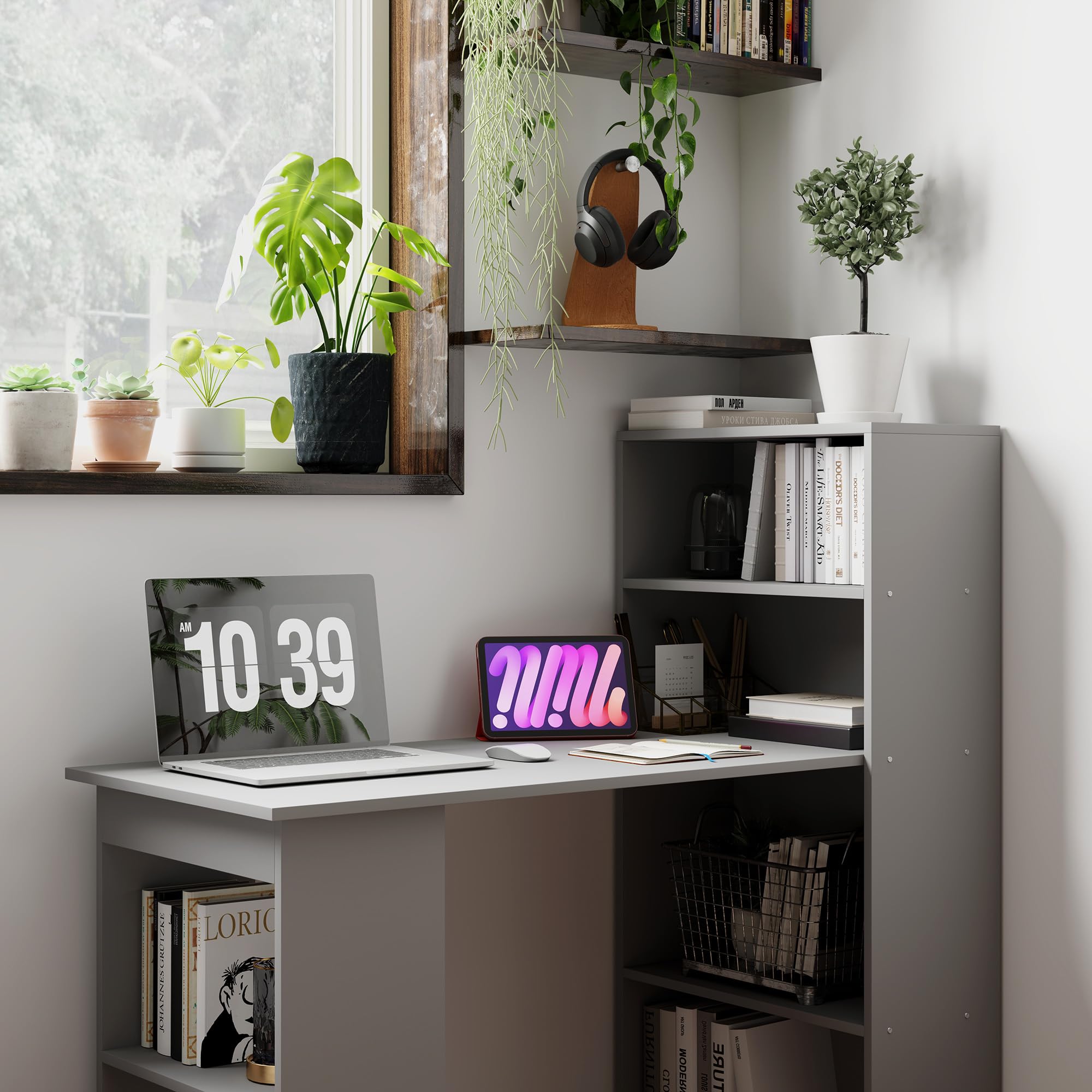 Modern Home Office Desk with 6-Tier Storage Shelves, 47" Writing Desk with Bookshelf, Gray