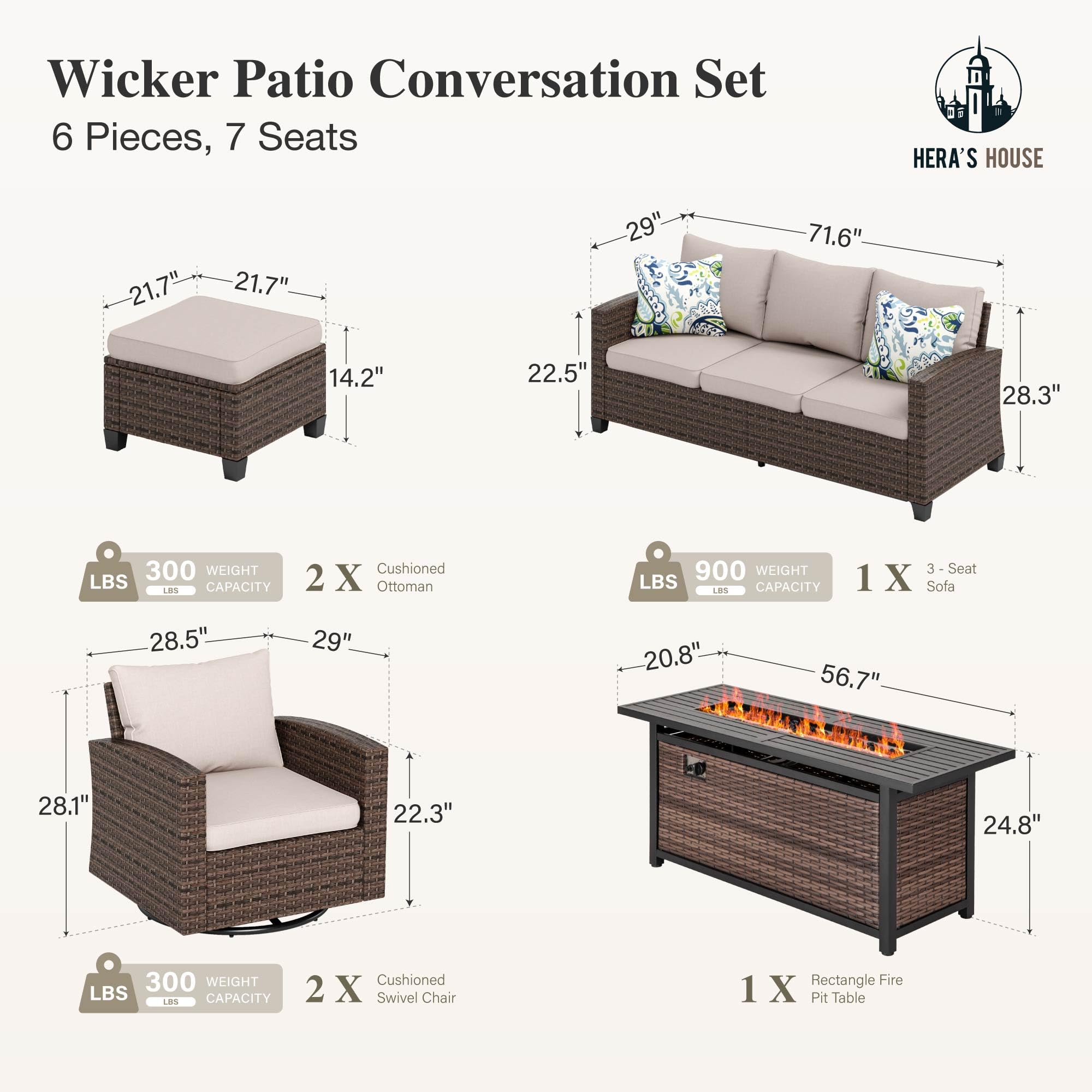 Swivel Glide Patio Furniture Set with 56" Fire Pit Table, 6 Pieces Outdoor Wicker Sectional Conversation Sofa Sets for Lawn Backyard Deck, Beige