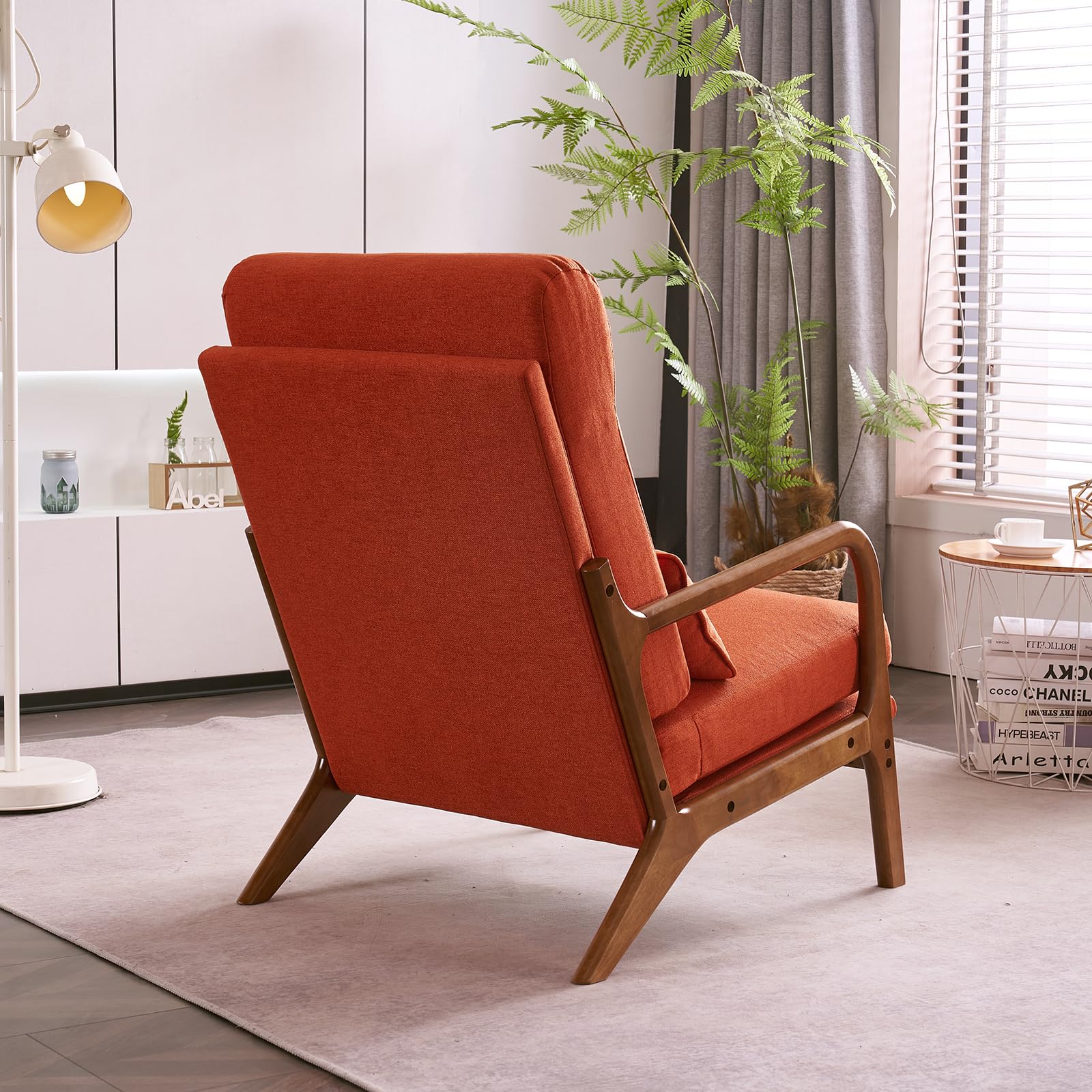 High Back Linen Burnt Orange Mid Century Modern Accent Chair, Soild Wood Padding Lounge Armchairs Side Sitting Chairs for Living Room, Bedroom, Guest Room