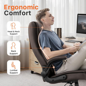 Office Desk Gaming Computer Home Chair Ergonomic Executive High Back Support Flip-up Arms Adjustable Height Swivel Rolling Wheels Comfy PU Leather (Brown)