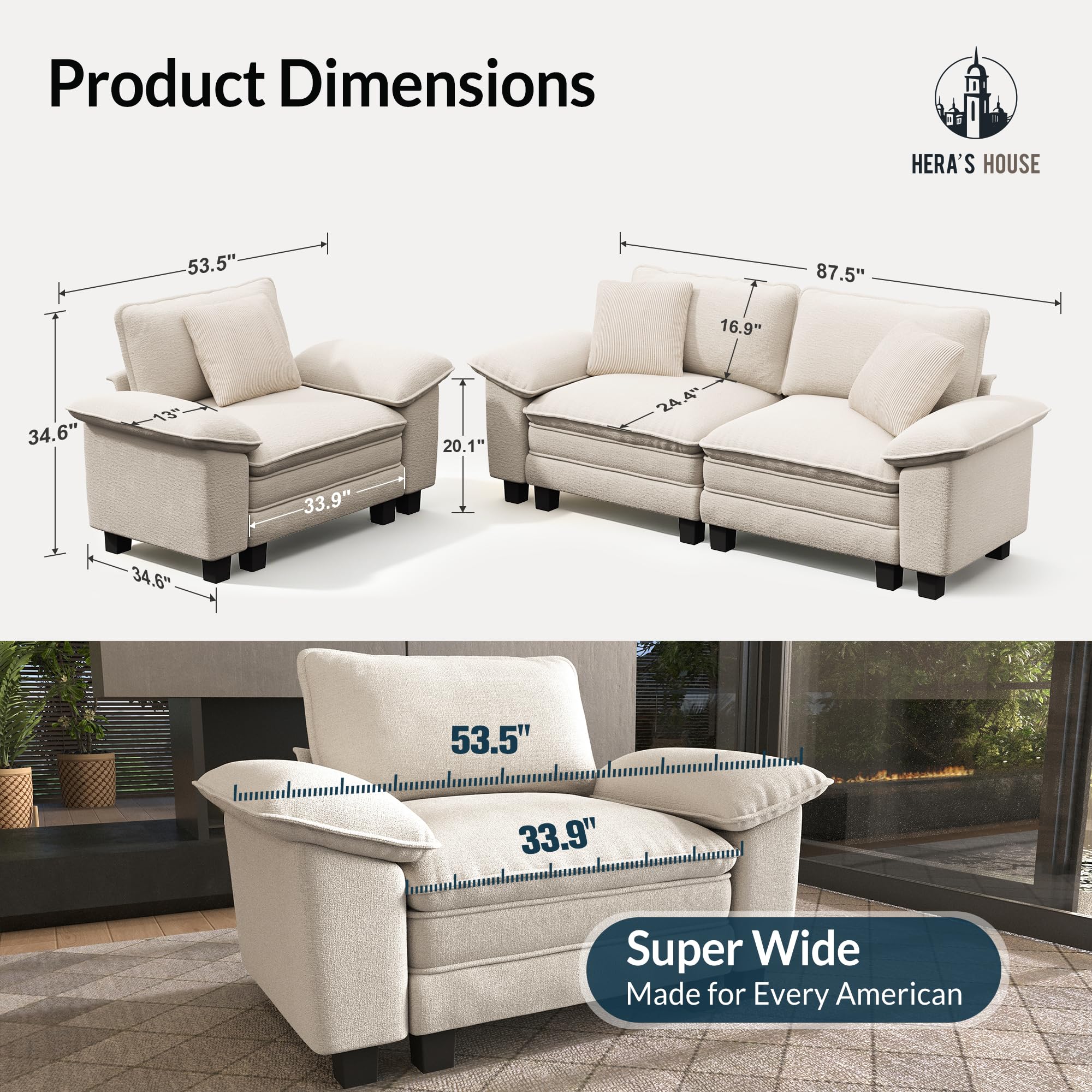 2 Pieces Modular Sectional Sofa Sets, Oversized Couch Set with Loveseat and Armchair, Comfy Cloud Couches with Throw Pillows, 3-Seater Deep Seat Sofa for Living Room, Chenille Beige